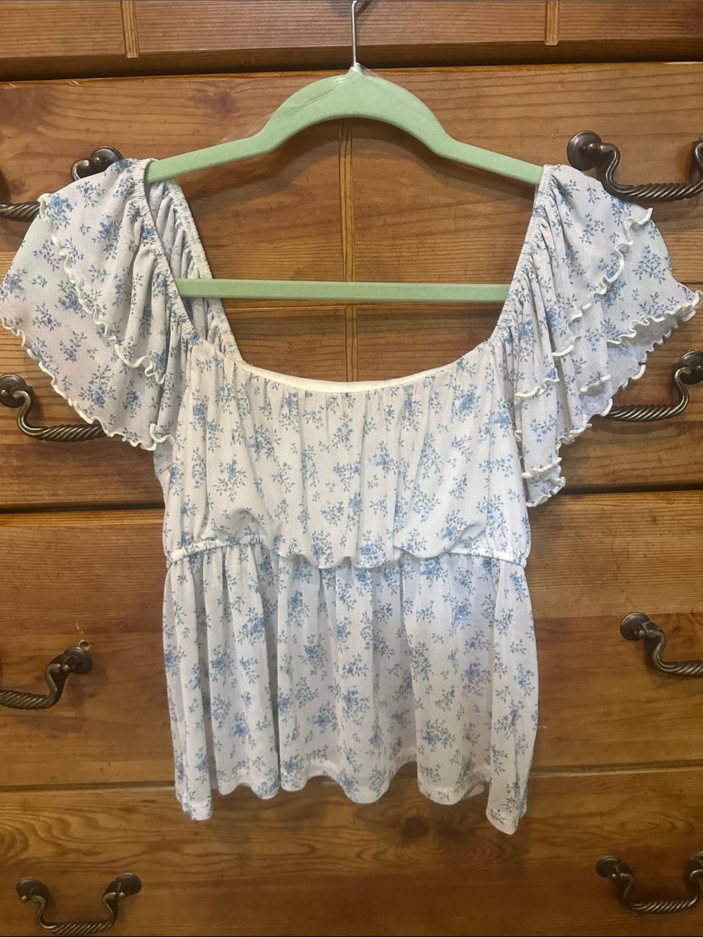 RSQ White and Light Blue Floral Off-Shoulder Ruffle Top